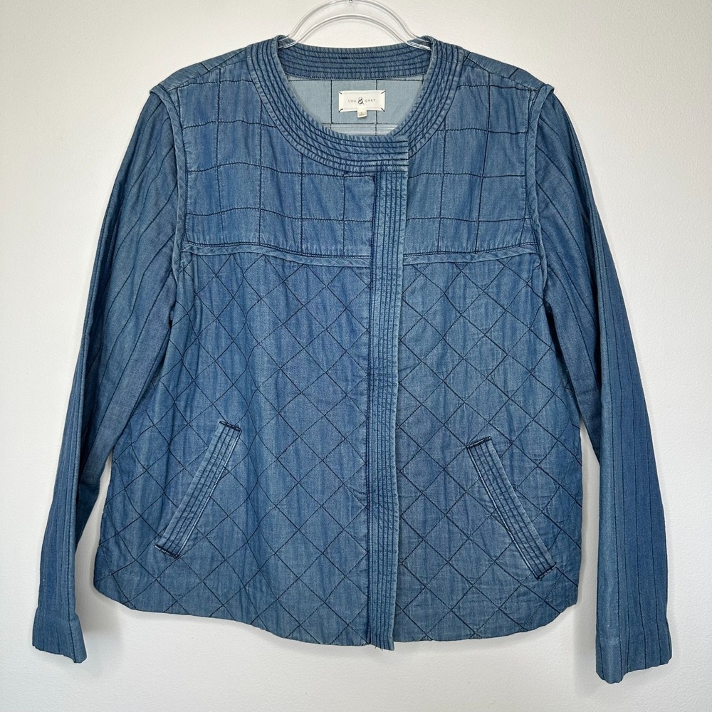 Lou and Grey Denim Quilted Jacket Size L Blue Full Zip Spring Boxy Boho